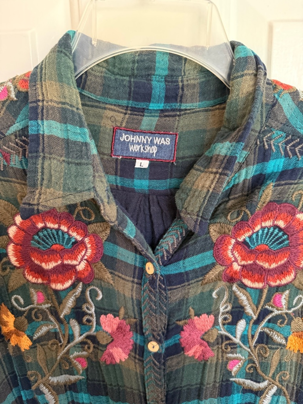 Johnny Was Green & Teal Plaid Embroidered Button-Down Shirt - Picture 3 of 3